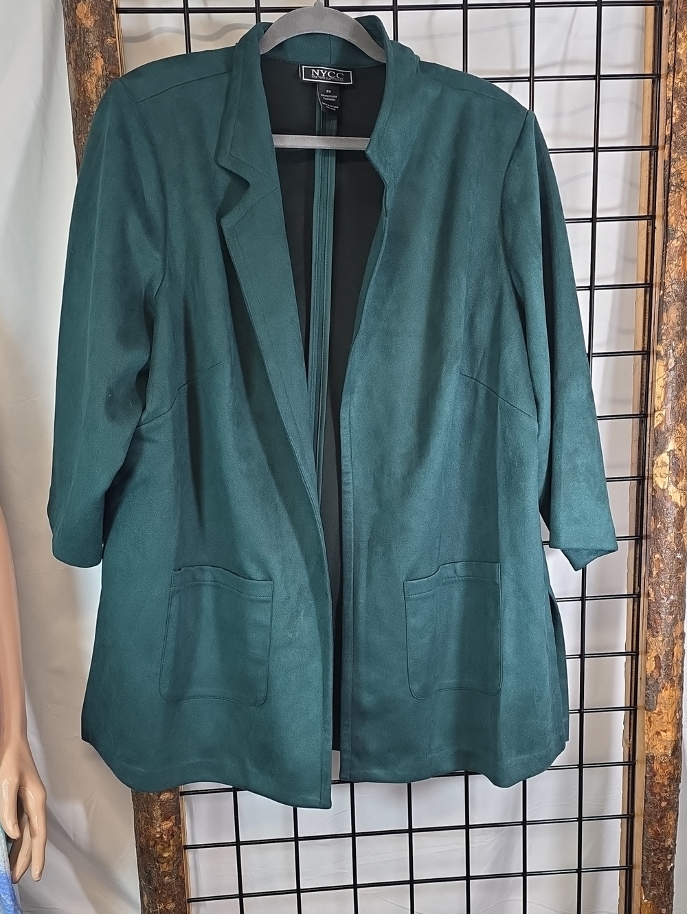 NYC Teal Collarless Open Blazer with Patch Pockets